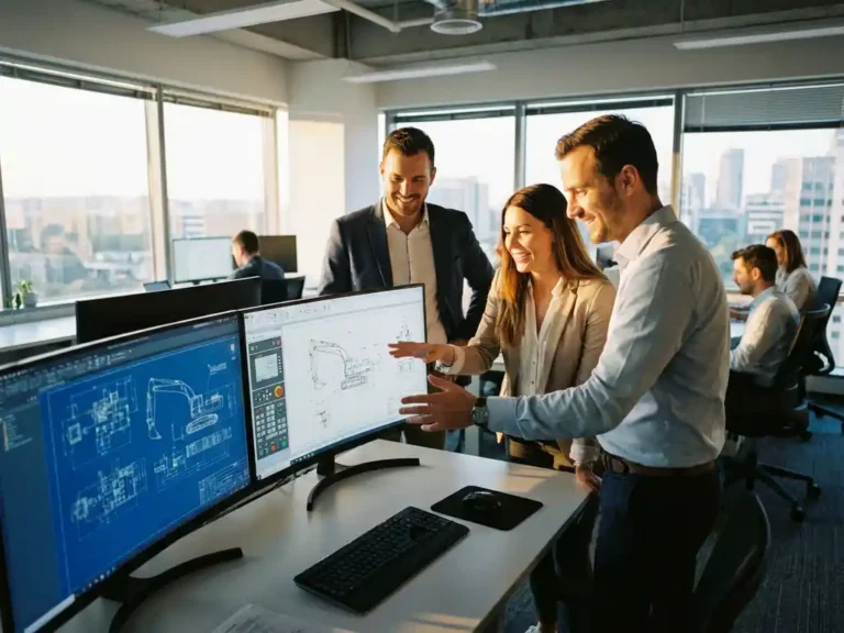 Three professionals collaborating around computer monitors displaying industrial machinery control panels in modern office