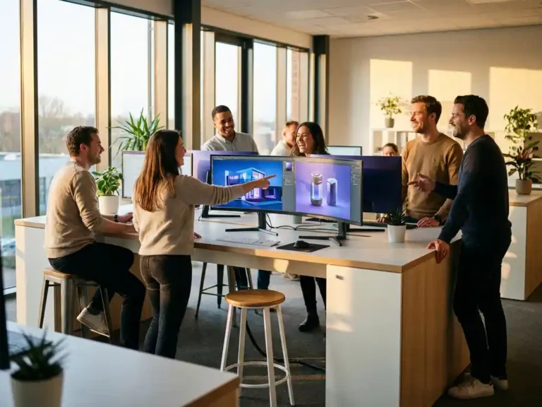 Diverse design team collaborating around curved monitors displaying 3D product concepts in modern industrial studio with natural lighting.