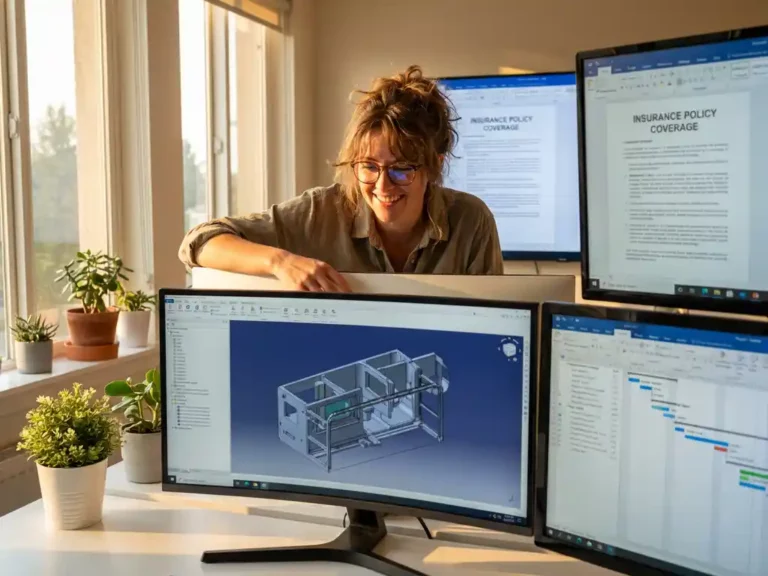Industrial designer reviewing 3D product blueprints on curved monitor in bright modern office with insurance documents
