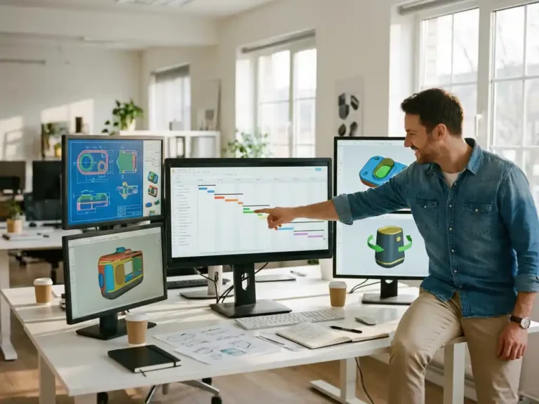 Designer pointing at project timeline on computer monitor displaying industrial design blueprints in bright modern office