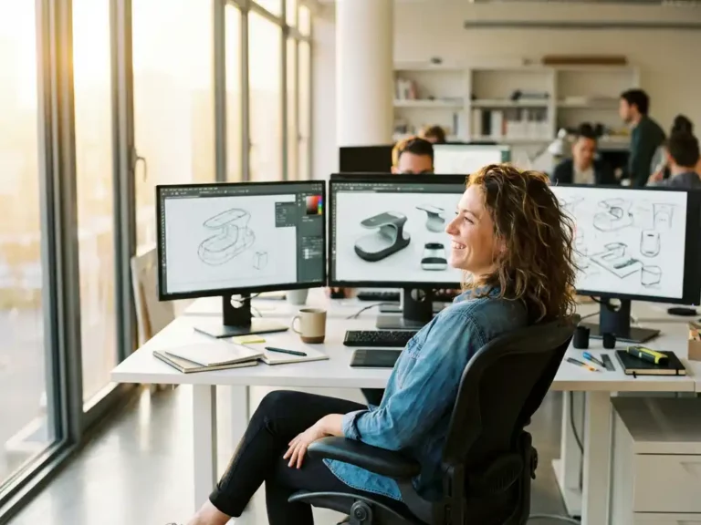 Industrial designer smiling at desk with UI wireframes and product sketches on multiple monitors in bright modern workspace.