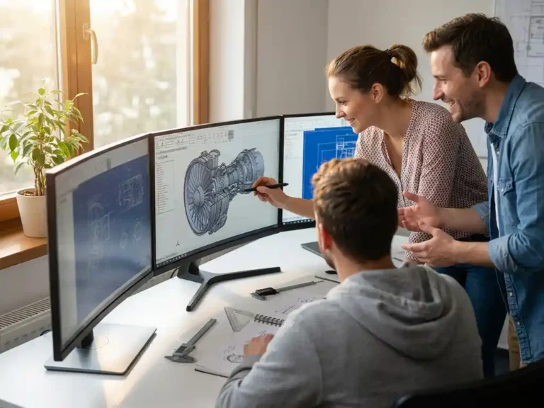 Two industrial designers collaborating over CAD blueprints on computer monitors in a bright modern office workspace.