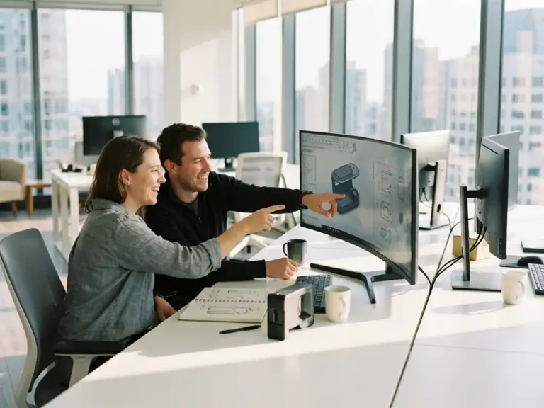 Two industrial designers collaborating at curved desk with 3D product renderings on multiple monitors in bright modern office