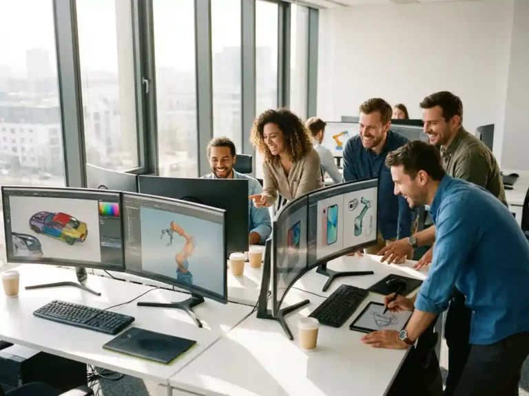 Diverse Team von Designern und Ingenieuren arbeitet gemeinsam an 3D-Prototypen auf Monitoren in modernem Büro
