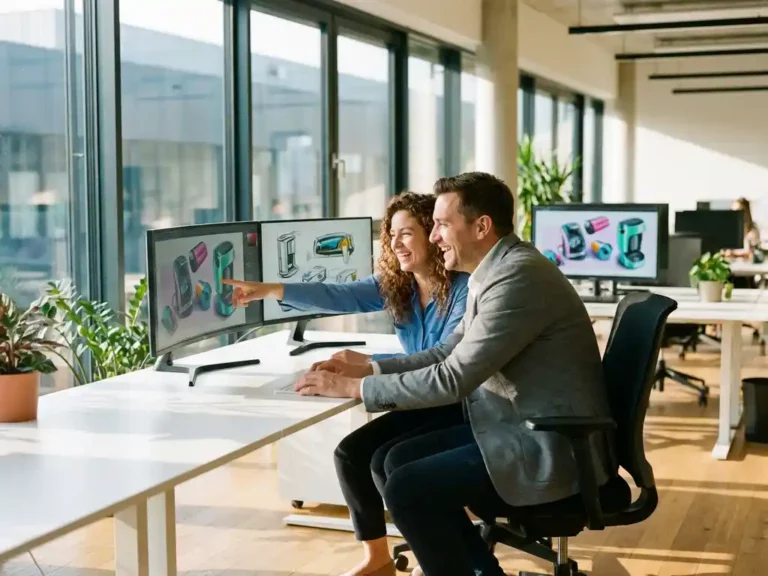 Zwei lächelnde Fachkräfte betrachten gemeinsam Industriedesign-Skizzen auf Computermonitoren in modernem Büro