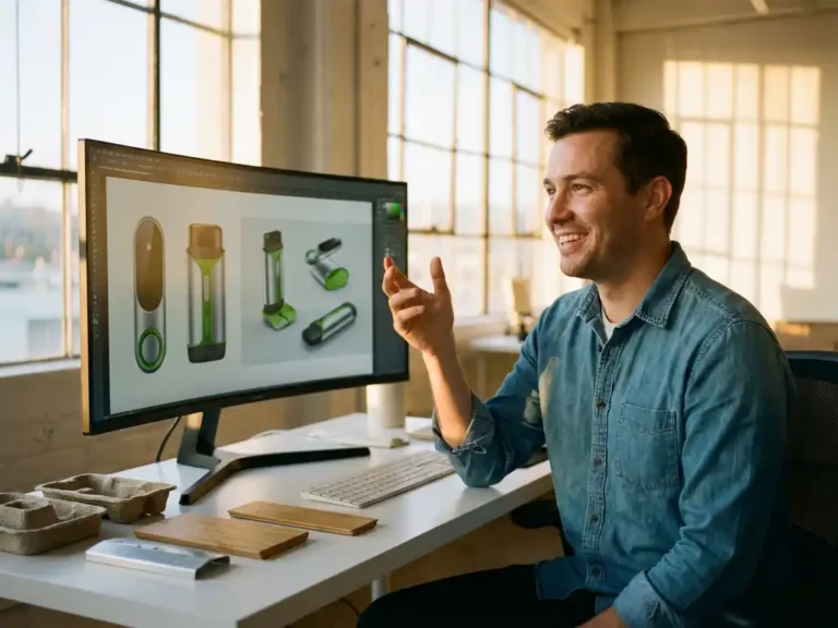 Lächelnde Industriedesignerin zeigt auf Bildschirm mit nachhaltigen 3D-Produktprototypen in hellem Designstudio
