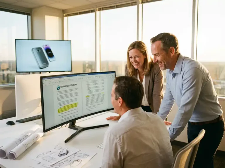 Three business professionals reviewing legal contract documents on computer monitor in modern office with natural lighting