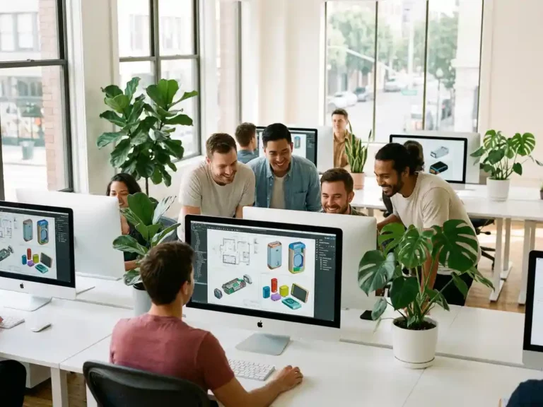 Designers collaborating on industrial blueprints and product designs on multiple computer monitors in bright modern office