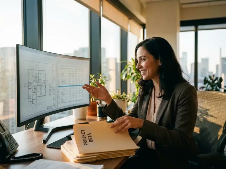 Professional woman at office desk reviewing industrial design blueprints and spreadsheets on computer monitor in bright workspace.