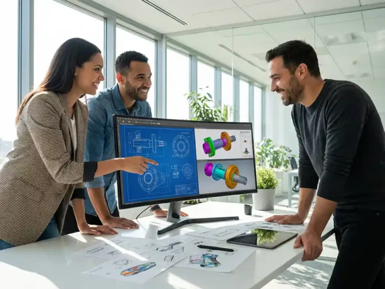 Three diverse professionals collaborating around computer monitor displaying industrial design blueprints in bright modern office