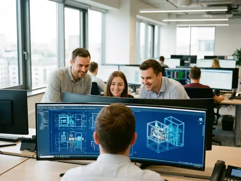 Three professionals collaborating around computer monitor displaying industrial design blueprints in modern office