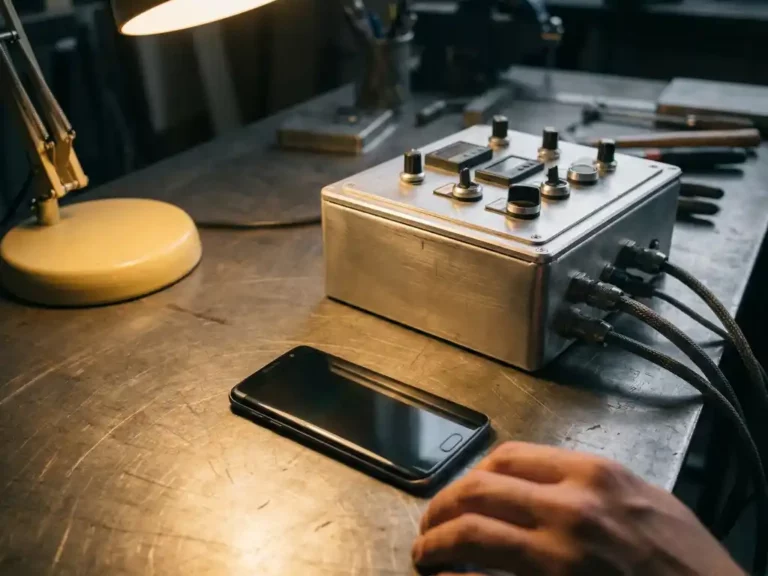 Industrielle Steuerungseinheit mit Aluminiumgehäuse und Smartphone auf Stahlarbeitsfläche in modernem Designstudio