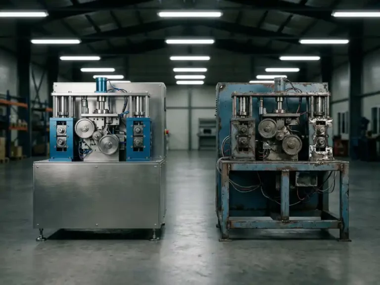 Zwei Industriemaschinen auf Fabrikboden: präzise gefertigte Maschine links, schlecht ausgerichtete Maschine rechts unter Neonlicht