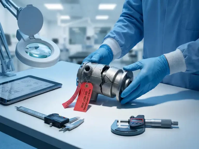Defektes Industrieprodukt mit roten Warnmarkierungen auf Labortisch, Qualitätsprüfer untersucht Schwachstellen mit Messinstrumenten
