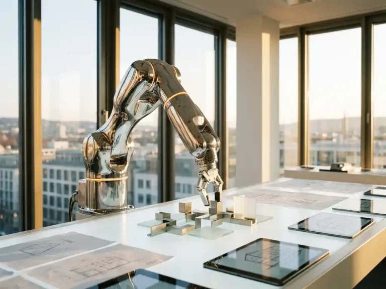 Industrieller Roboterarm mit Chromgelenken montiert geometrische Designelemente auf weißer Werkbank in modernem Stuttgarter Studio