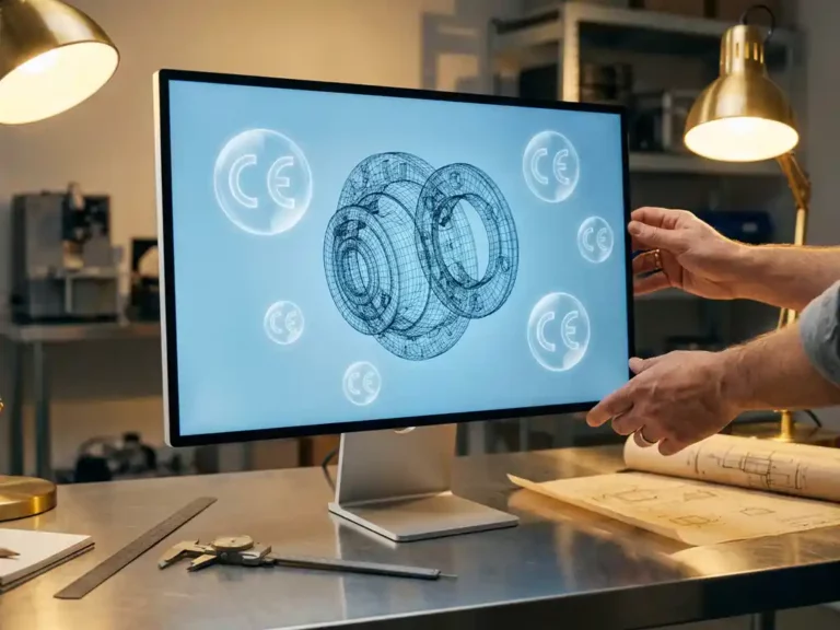 Computer monitor displaying 3D product model with CE certification symbols on industrial workspace with measuring tools and technical sketches