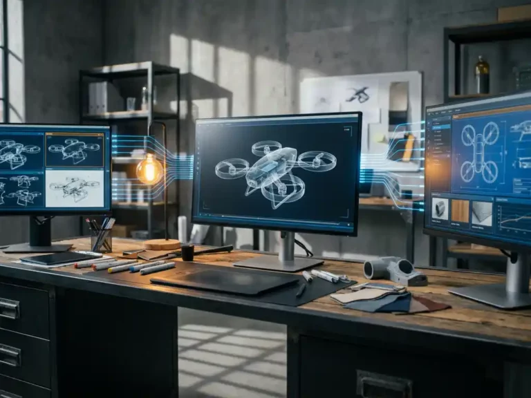 Computer monitor displaying rotating 3D product prototype with glowing data connections to design iteration screens on modern industrial workstation with sketching tools and material samples