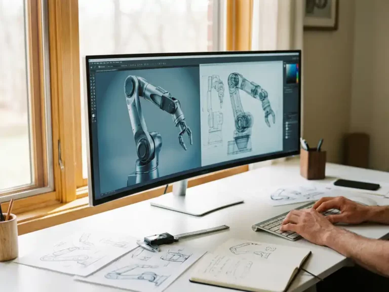 Ultrawide monitor displaying 3D CAD renderings on minimalist desk with design sketches, measuring caliper, and hands typing in natural window light