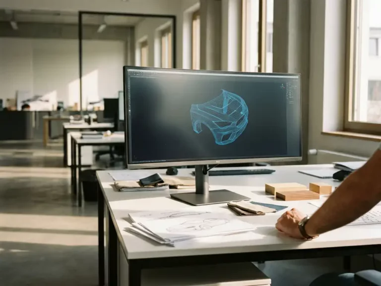 Ultra-wide monitor showing rotating 3D product wireframe on white desk in Stuttgart design studio with natural lighting and scattered sketches