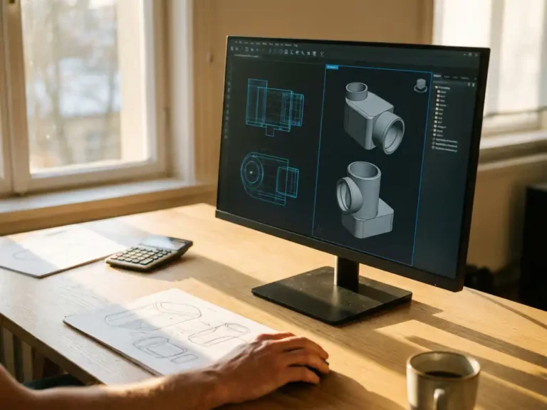 Computer-Monitor zeigt 3D-CAD-Modelle und Wireframes auf Holzschreibtisch mit Skizzen und Taschenrechner bei warmem Tageslicht