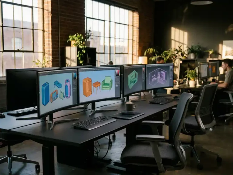 Große Computermonitore zeigen bunte 3D-Produktrenderings und CAD-Drahtgittermodelle auf schwarzem Schreibtisch in modernem Designstudio