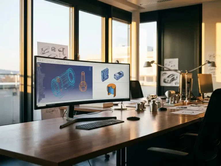 Großer gebogener Monitor zeigt 3D-CAD-Modelle in modernem Stuttgarter Designstudio mit warmen Holztönen