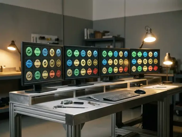 Computer monitors displaying colorful certification badges on industrial workstation with engineering tools and metal surfaces in professional design studio.