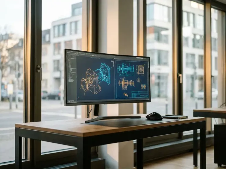 Curved computer monitor displaying 3D product blueprints on minimalist desk in modern Stuttgart design studio with natural light