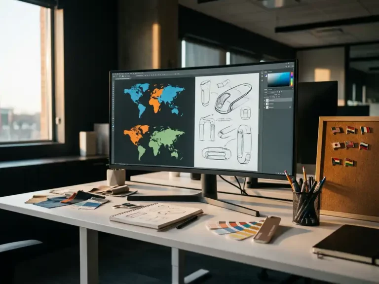 Curved computer monitor displaying colorful world maps and product sketches on white desk with design materials and international flag pins in natural light.