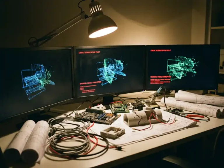 Cluttered engineering workstation with multiple monitors showing CAD wireframes and error messages, scattered hardware prototypes among tangled cables under tungsten lighting.