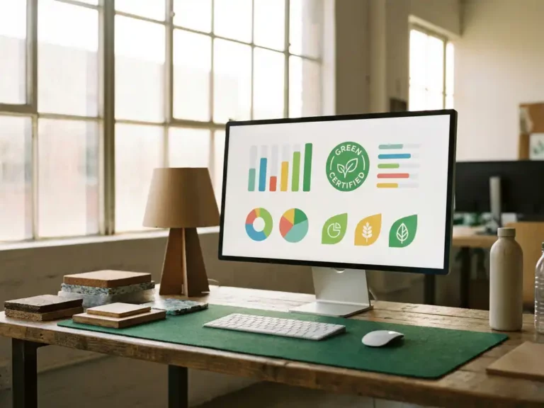 Computer monitor showing environmental compliance charts and green certification symbols on modern desk with sustainable material samples and eco-friendly prototypes in natural light.