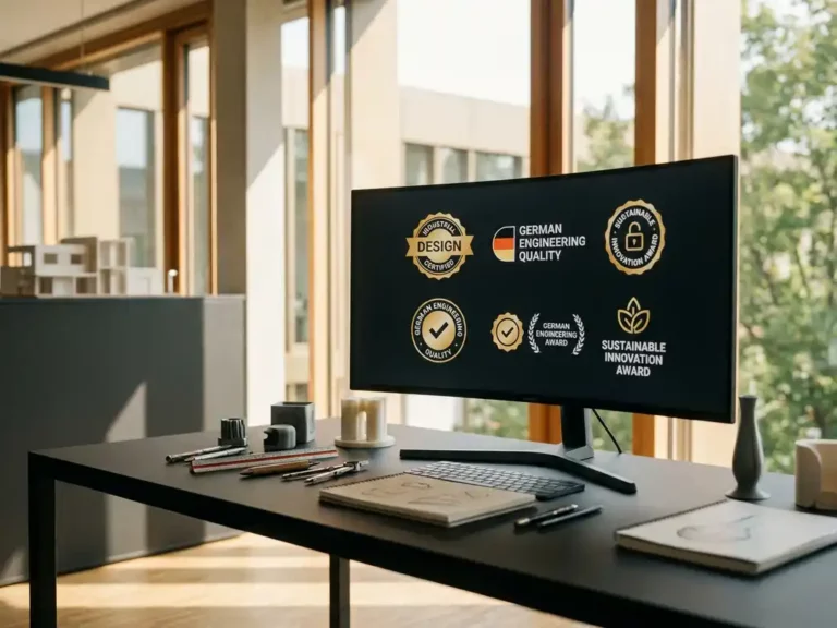 Computer monitor showing industrial design certification badges on modern desk with drafting tools and prototypes in Stuttgart studio with natural lighting