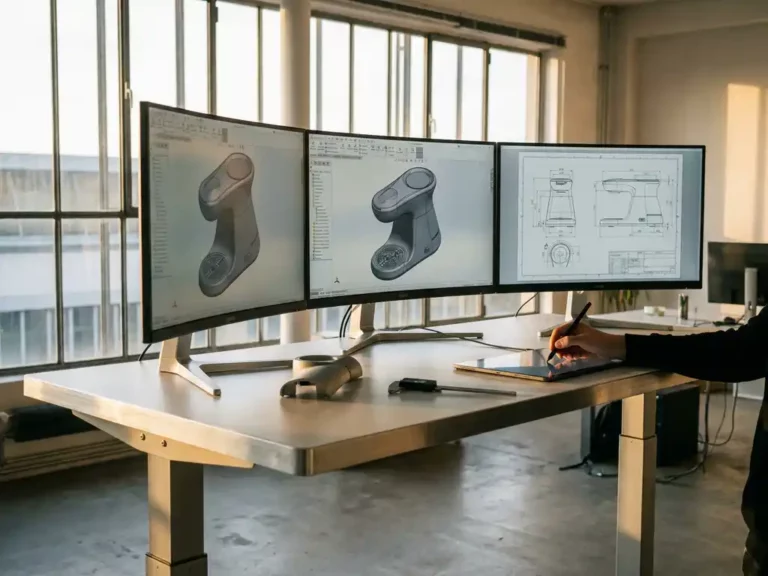 Industrial designer's workstation with three monitors displaying 3D CAD models and engineering drawings in minimalist Stuttgart studio