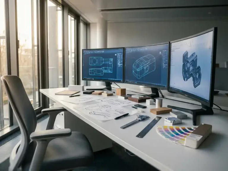 Industrial designer's workstation with three monitors showing CAD wireframes, concept sketches and material samples on white desk, precision tools nearby in natural light.