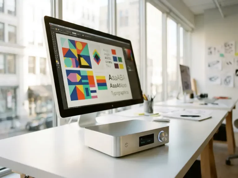 Minimalist consumer device prototype on computer monitor displaying colorful graphic design layouts in modern Stuttgart studio workspace.