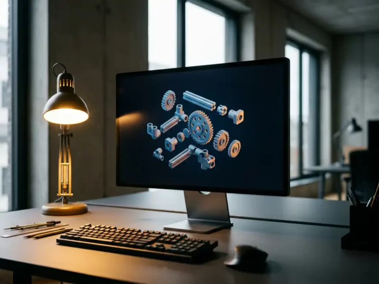 Computer monitor displaying glowing modular CAD components on designer desk with warm tungsten lighting in modern Stuttgart studio.