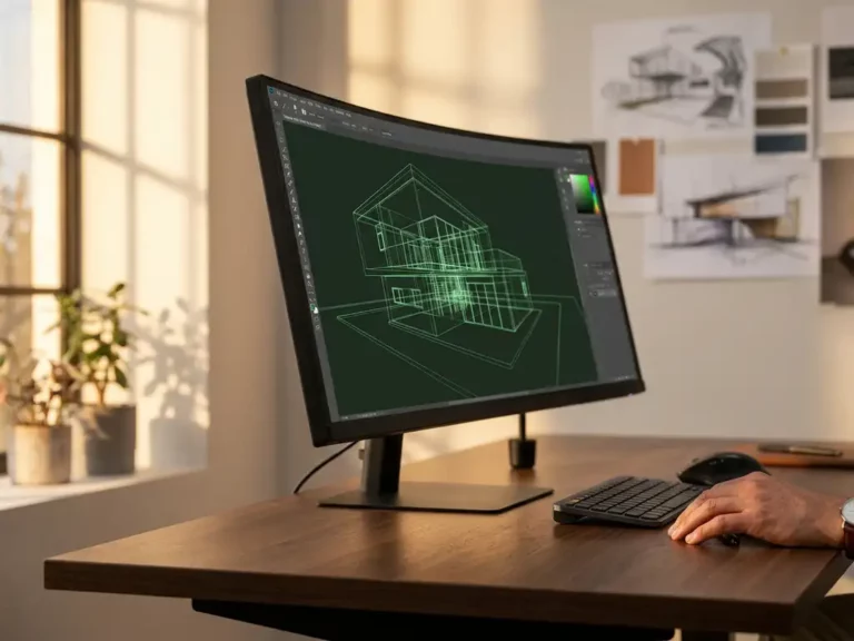 Geschwungener Monitor mit 3D-Drahtgittermodell auf minimalistischem Holzschreibtisch bei warmem Fensterlicht