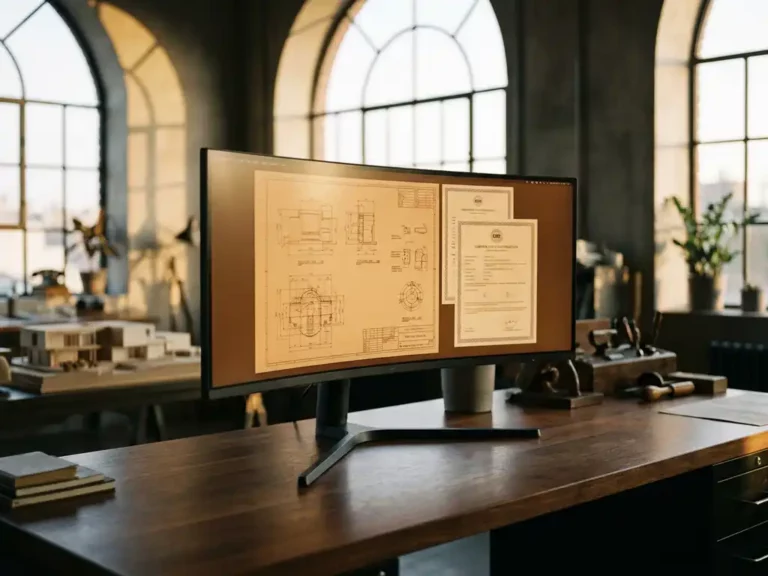 Gebogener Computermonitor zeigt technische Zeichnungen auf dunklem Holzschreibtisch bei goldenem Abendlicht