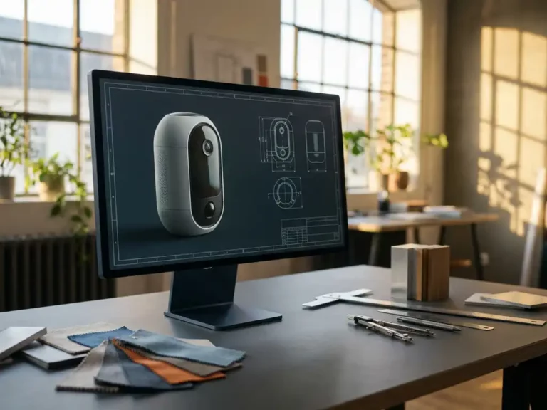 Computer monitor showing 3D product renderings and technical sketches on modern designer's desk with drafting tools and color swatches.