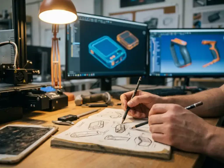 Designer's hands sketching product concepts on paper with 3D CAD models displayed on multiple monitors in warm-lit studio workspace