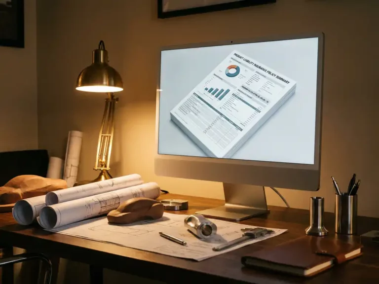 Computer monitor showing 3D product liability insurance document with premium calculations on designer desk with industrial sketches and prototypes under warm tungsten lighting