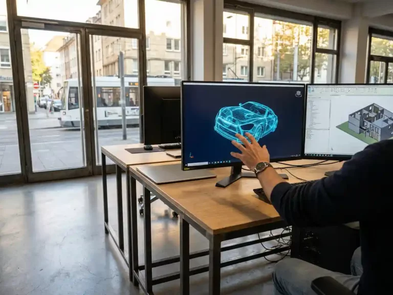 Designer-Hand greift nach Monitor mit 3D-CAD-Wireframe-Prototyp in modernem Stuttgarter Industriedesign-Studio