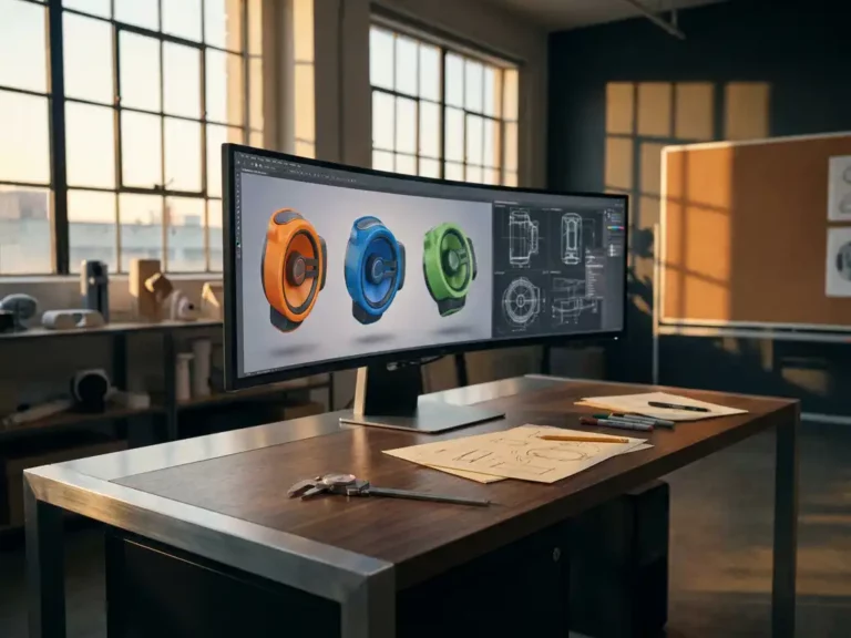Ultra-Wide-Monitor zeigt bunte 3D-Produktprototypen auf modernem Designstudio-Schreibtisch mit Messschieber und Skizzen