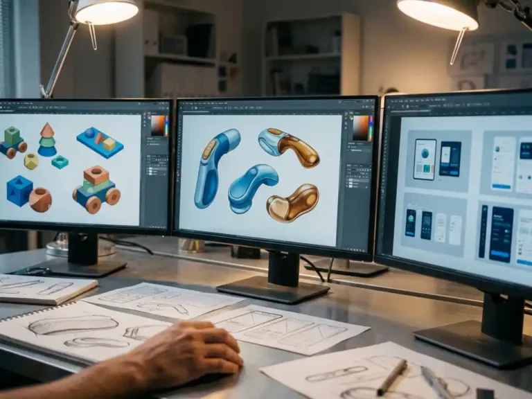 Reihe von Computermonitoren mit bunten 3D-Produktmodellen von Spielzeug bis Medizingeräten in modernem Designstudio