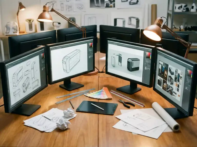 Computermonitore in kreisförmiger Anordnung auf Designstudio-Tisch zeigen Produktskizzen und 3D-Modelle, umgeben von Designwerkzeugen