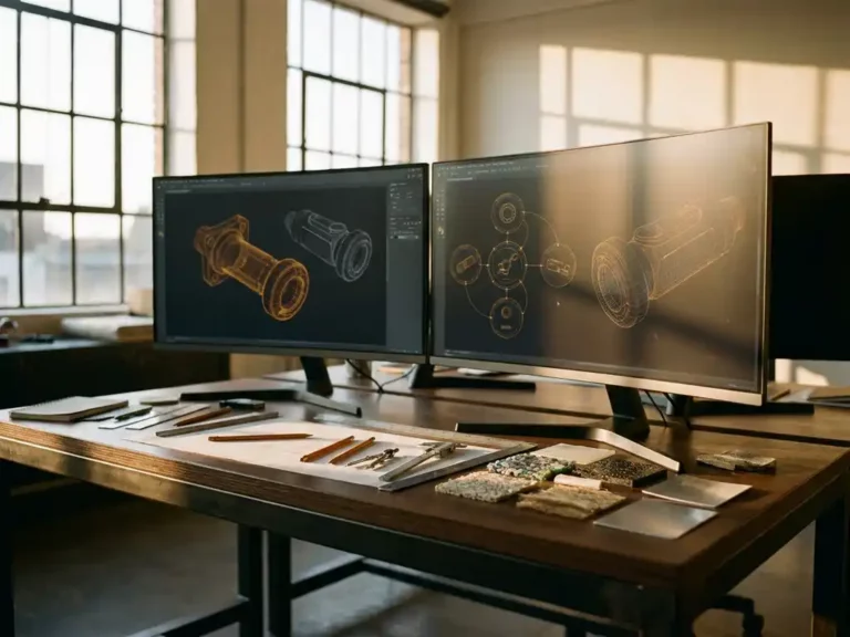 Computermonitore zeigen 3D-Produktmodelle und Flussdiagramme in industriellem Designstudio mit Zeichenwerkzeugen