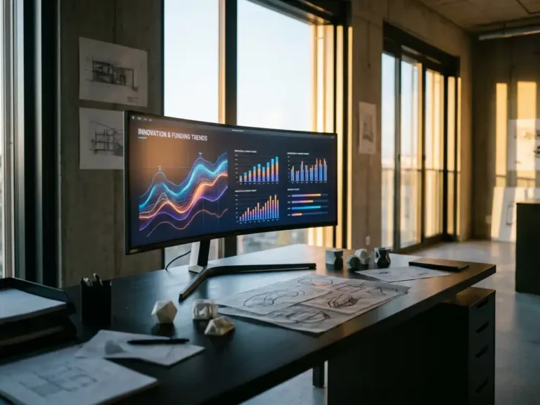 Ultra-wide monitor displaying colorful funding charts on minimalist desk with design sketches and prototypes in golden hour lighting.