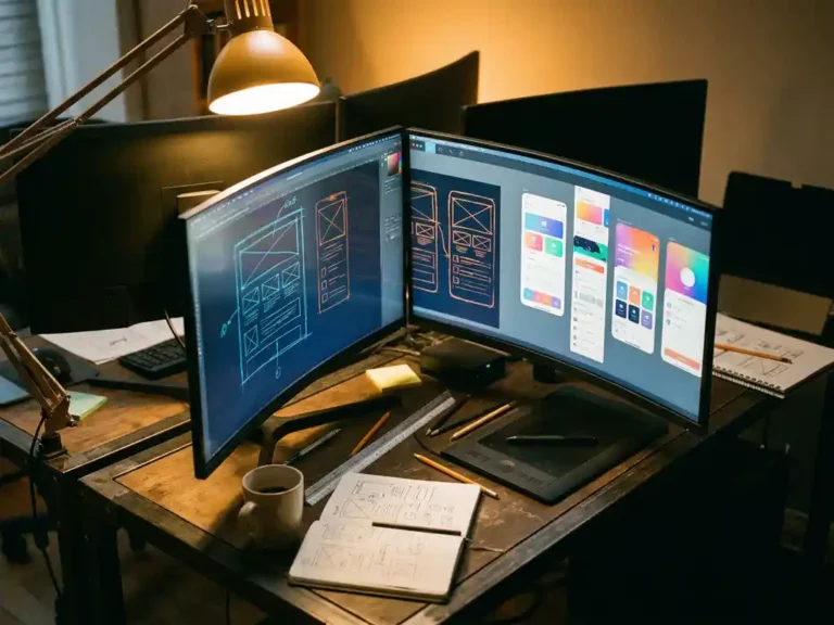Mehrere große Computermonitore zeigen Wireframe-Skizzen und bunte UI-Prototypen an einem modernen Designarbeitsplatz mit Skizzenmaterialien