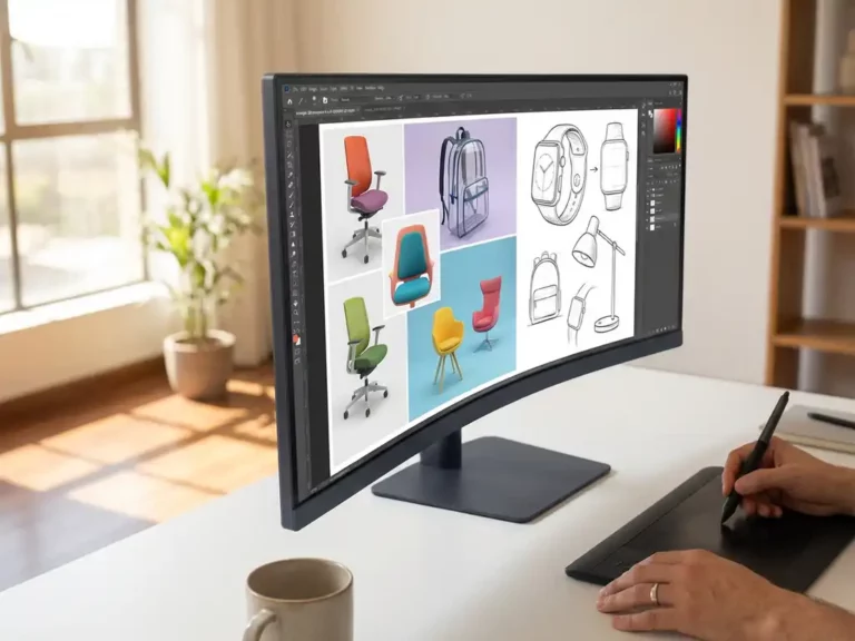 Gebogener Ultrawide-Monitor mit bunten 3D-Produktrenderings auf weißem Schreibtisch in hellem modernen Studio
