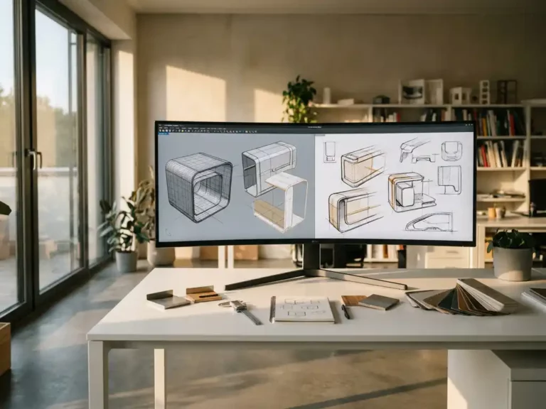 Curved ultrawide monitor showing 3D product wireframes on minimalist white desk in Stuttgart design studio with natural lighting and design tools